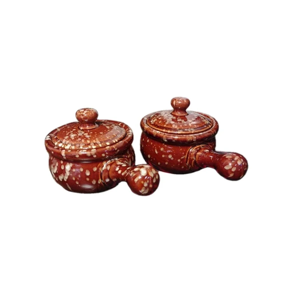 Vintage Brown Speckled Ceramic French Onion Soup Bowls with Lids Set of 2